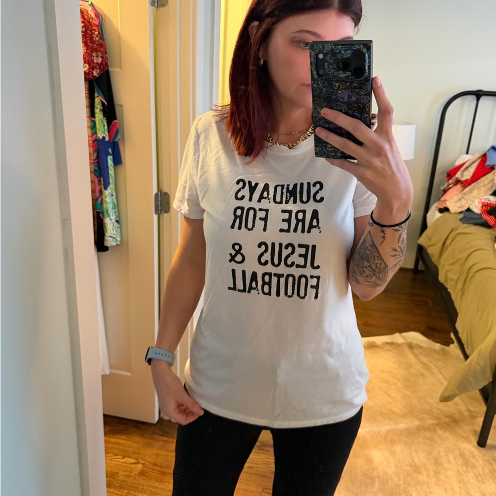 White Graphic Tee with Black Text - 'Sundays Are For Jesus & Football'